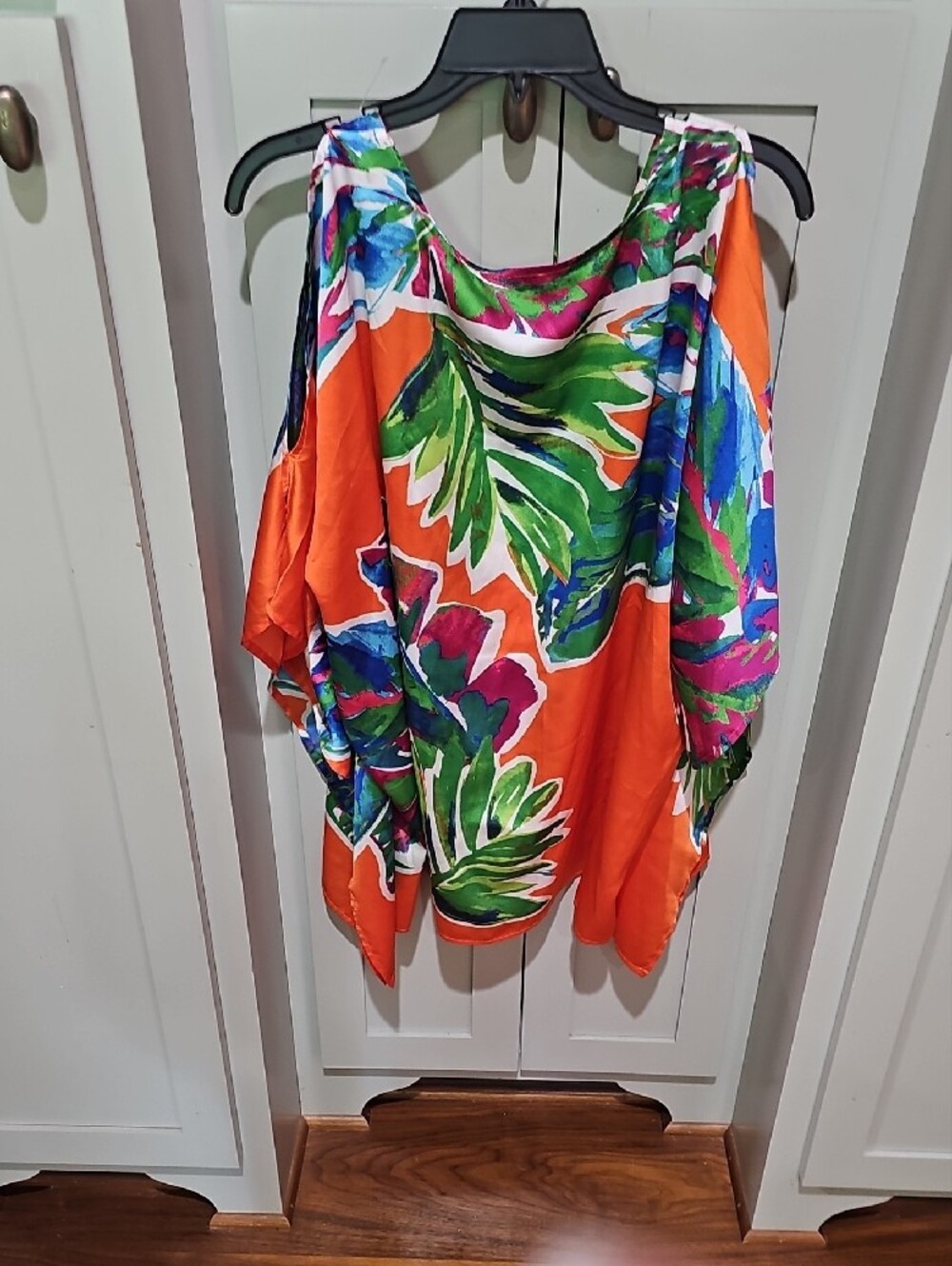 Chico's Orange Tropical Leaf & Floral Print Kraftan Poncho - Picture 5 of 5